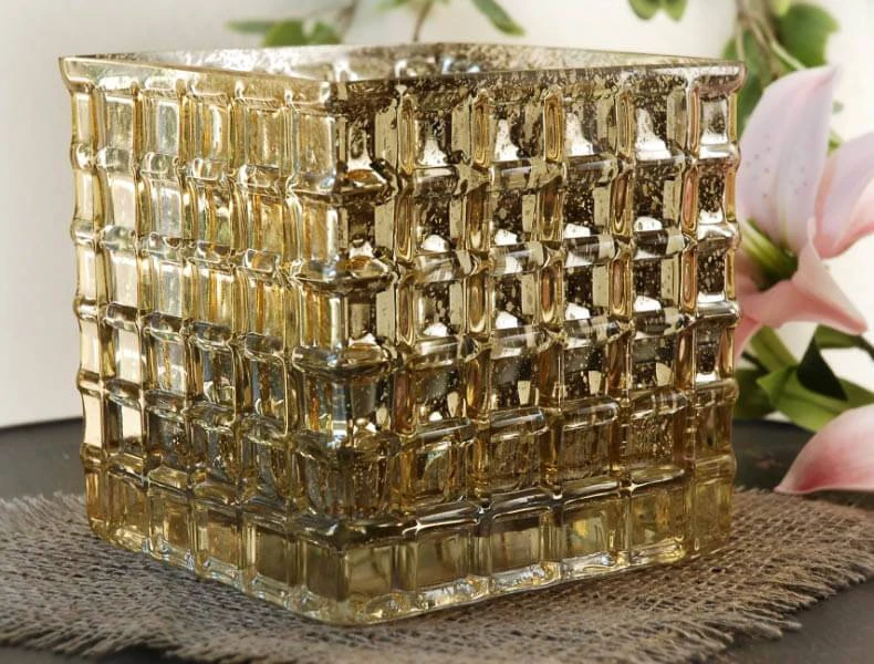 Gold Mercury Mosaic Glass Cube 6" - Square Vase & Candle Holder 5 Gold Mercury Mosaic Glass Cube 6" - Square Vase & Candle Holder - Image 3