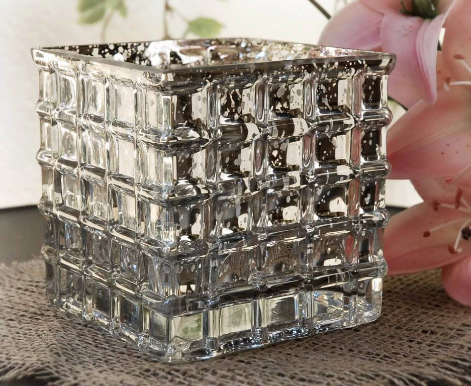 Silver Mercury Textured Glass Cube 4.75" - Square Vase & Candle Holder 4 Silver Mercury Textured Glass Cube 4.75" - Square Vase & Candle Holder - Image 2