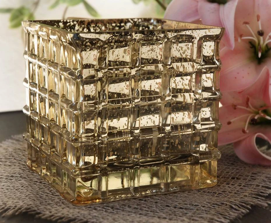 Gold Mercury Mosaic Glass Cube 4.75" - Square Vase & Candle Holder 3 Gold Mercury Mosaic Glass Cube 4.75" - Square Vase & Candle Holder