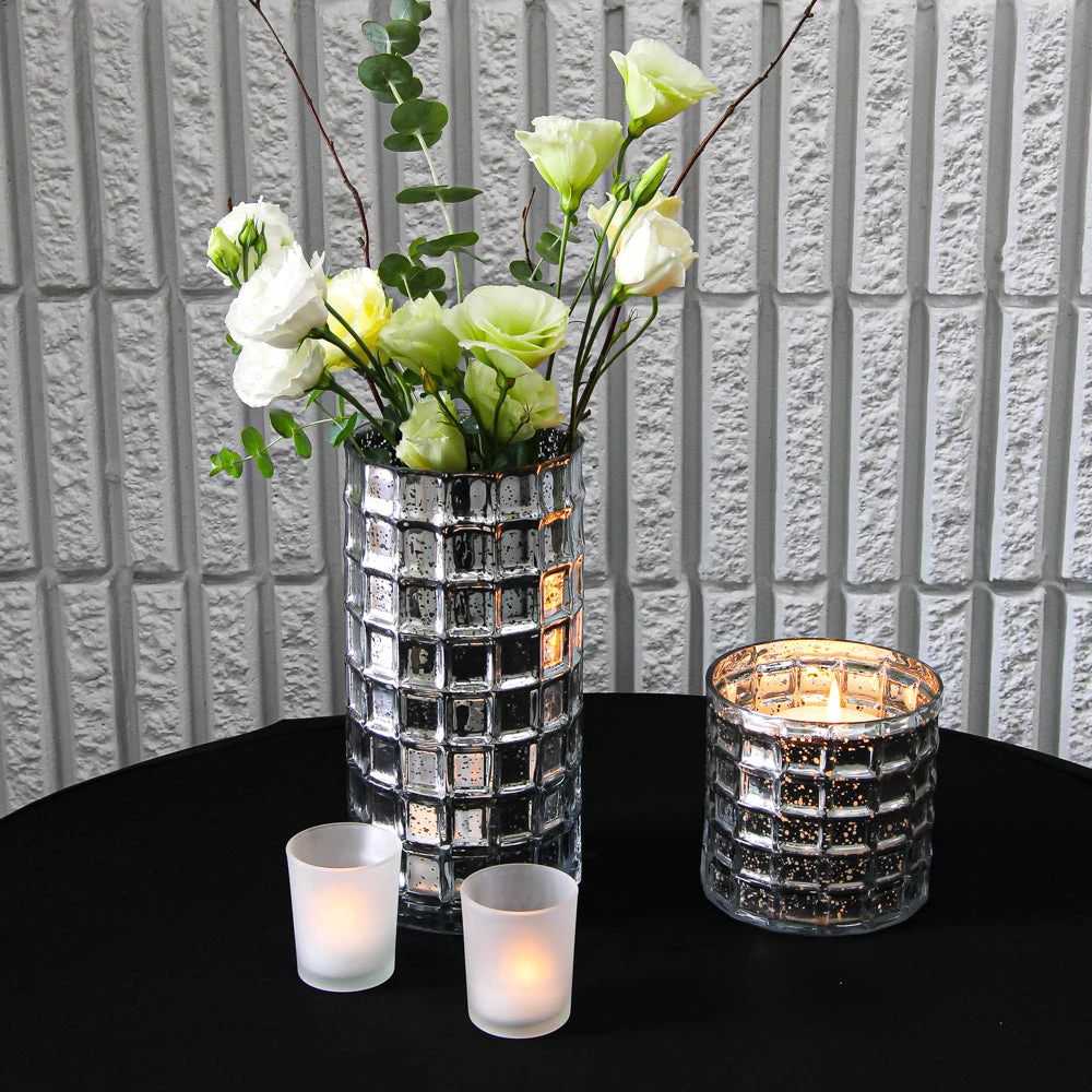 Silver Mercury Glass Cylinder 10" - Vase & Candle Holder 4 Silver Mercury Glass Cylinder 10" - Vase & Candle Holder - Image 2