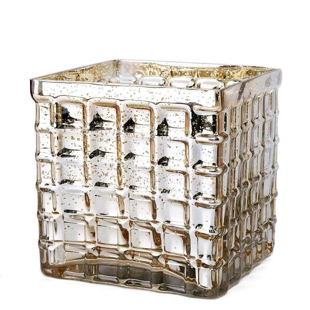 Gold Mercury Mosaic Glass Cube 6" - Square Vase & Candle Holder 3 Gold Mercury Mosaic Glass Cube 6" - Square Vase & Candle Holder