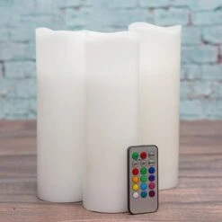 Richland Flameless LED Remote Control Wavy Top Pillar Candle White 3"x9" Set Of 3