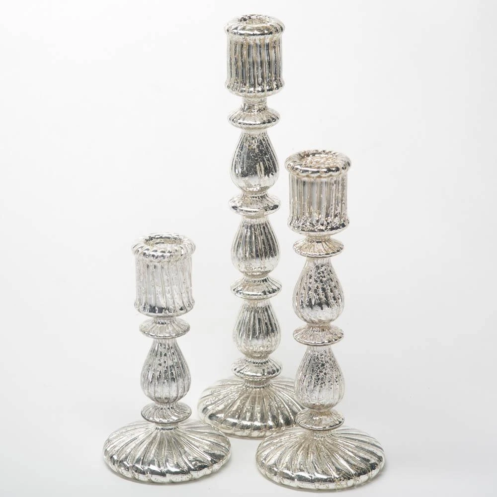 Richland Ribbed Unique Mercury Glass Taper Candle Holder Set Of 3 3 Richland Ribbed Unique Mercury Glass Taper Candle Holder Set Of 3