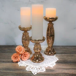 Richland Unique Rose Gold Mercury Glass Pillar Candle Holder Set Of 3 -Candle Decorations 9754 9755 9756 4430 2